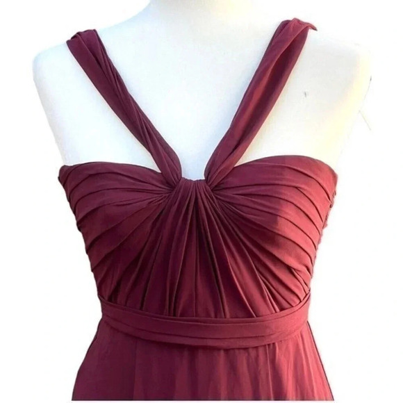 Amsale Sz 0 Cerisa Ruby Bridesmaid Gown‎ Full Chiffon Skirt Ruched Bodice GB033F - Picture 3 of 11